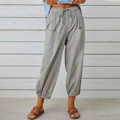 Loose High Waist Button Cotton And Linen Trousers Cropped Pants Wide Leg Women&
