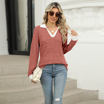 Lapel Long Sleeve Loose-fitting T-shirt Top Women Limorista