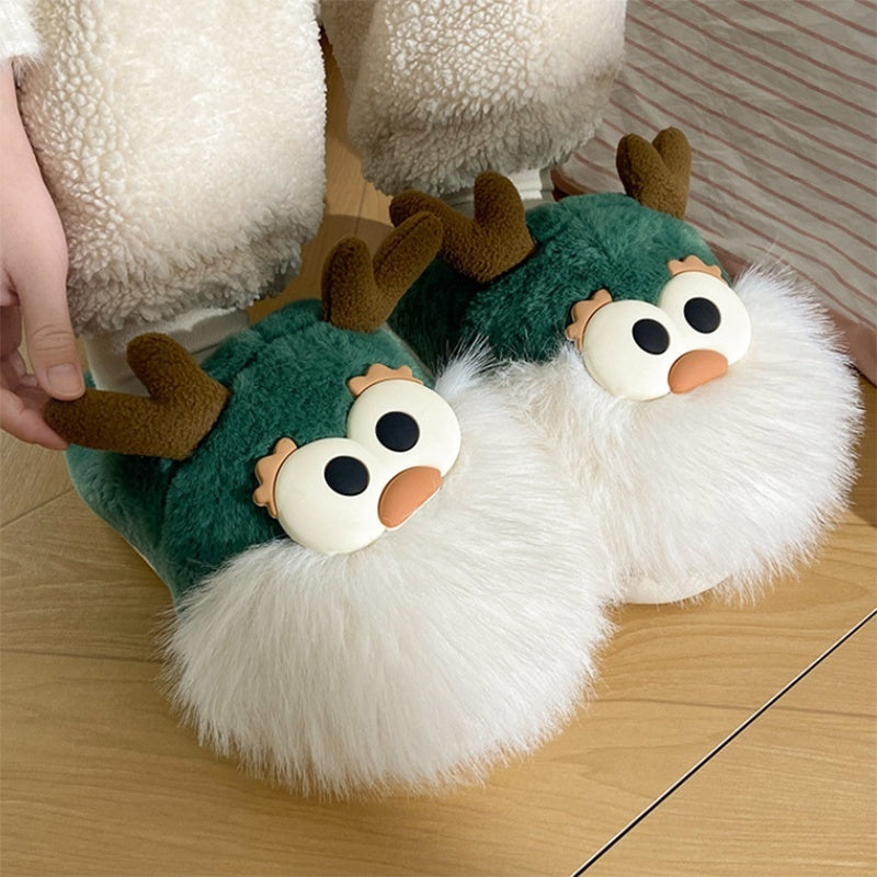 Cute Cartoon Christmas Deer Cotton Shoes Winter Indoor Floor Home Slippers Half-covered Heel Warm Plush Shoes Women Limorista