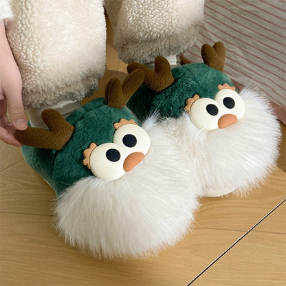 Cute Cartoon Christmas Deer Cotton Shoes Winter Indoor Floor Home Slippers Half-covered Heel Warm Plush Shoes Women Limorista