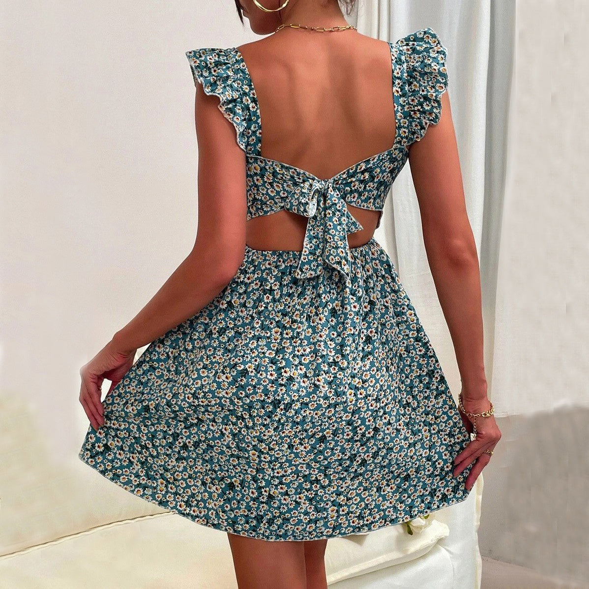Summer Square-neck Ruffled Sleeveless Dress With Bow-tie Backless Design Fashion Casual Holiday Beach Dresses For Womens Clothing Limorista
