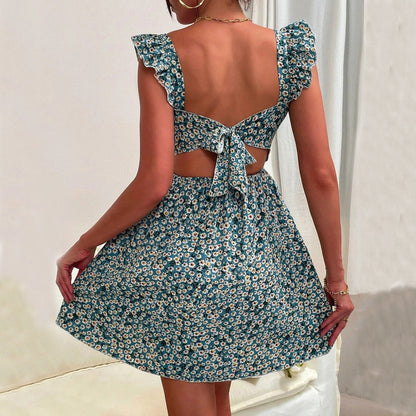 Summer Square-neck Ruffled Sleeveless Dress With Bow-tie Backless Design Fashion Casual Holiday Beach Dresses For Womens Clothing Limorista