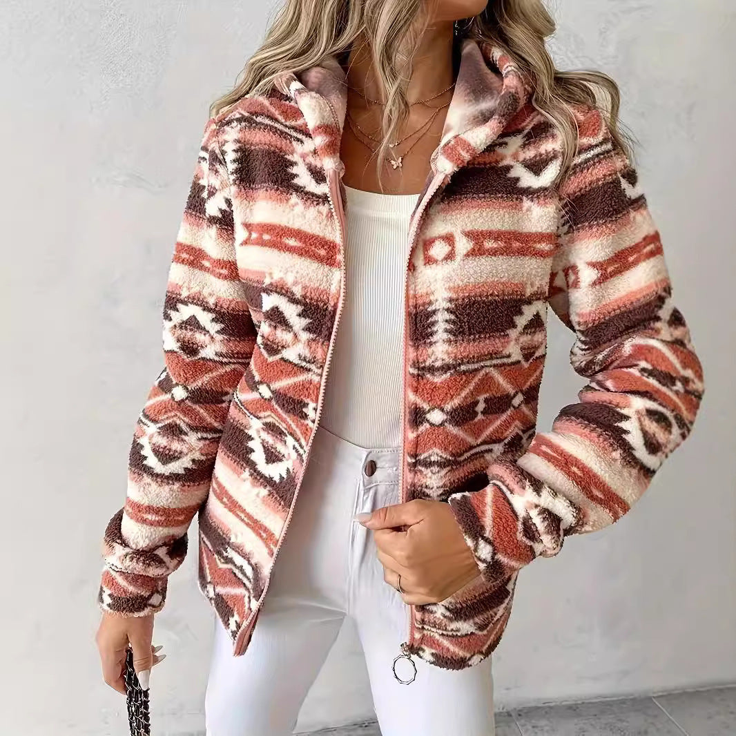 Fashion Casual Geometric Pattern Printed Hooded Zipper Jacket Limorista