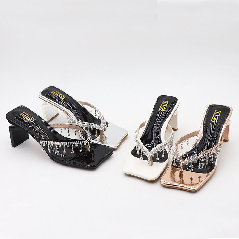 Square Toe Rhinestone High-heeled Outdoor Women&