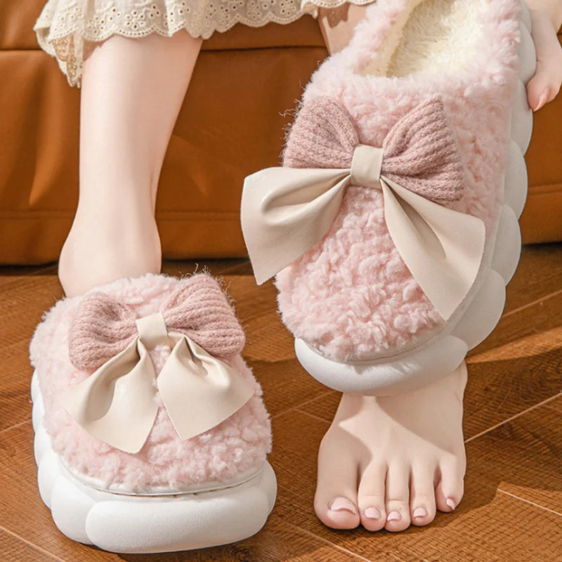 Winter Warm Fur Slippers For Women Cute Bow House Non Slip Soft Shoes Comfort Flat Heel Home Indoor Bedroom Plush Slippers Limorista
