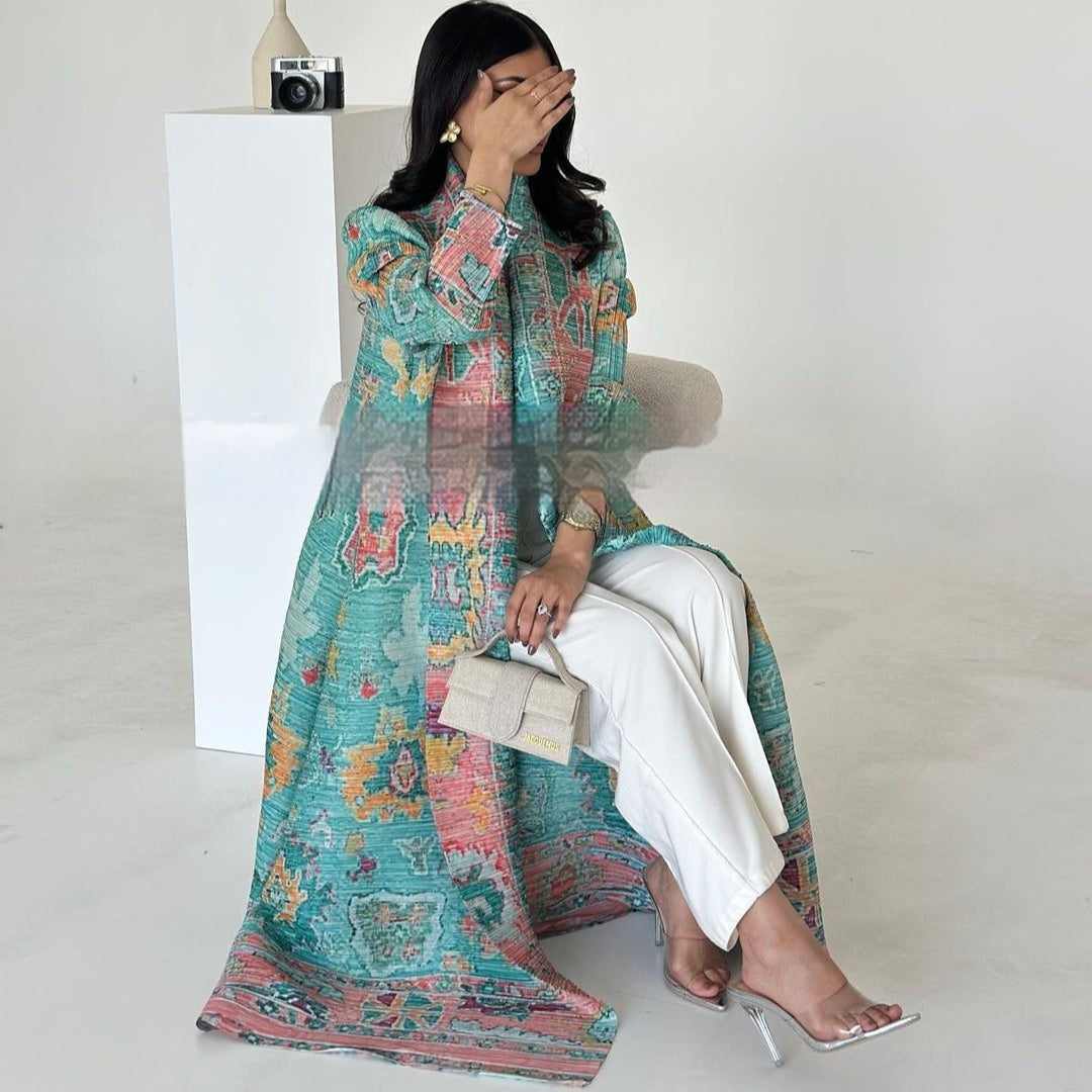 Pleated Trench Djellaba Hot-selling Printed Shawl Cardigan Ethnic Style Cloak Coat Limorista