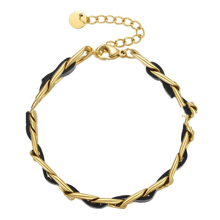 18K Gold Titanium Steel Plated European And American Fashion Metal Chain Leather Rope Limorista