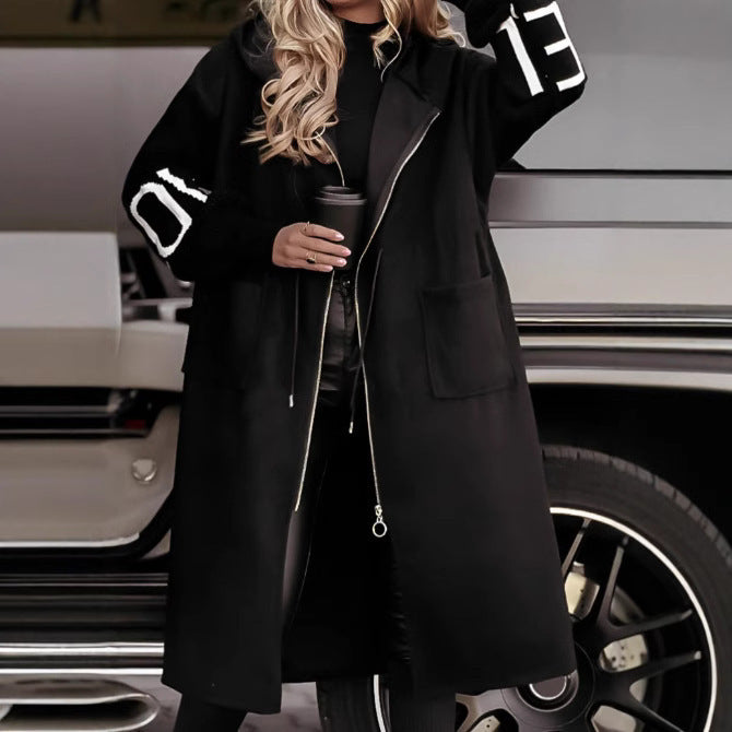 Hooded Windbreaker Long Jacket With Pockets And Drawstring Design Solid Color Knit-Sleeved Trench Coat For Women Clothing Fall Winter Limorista