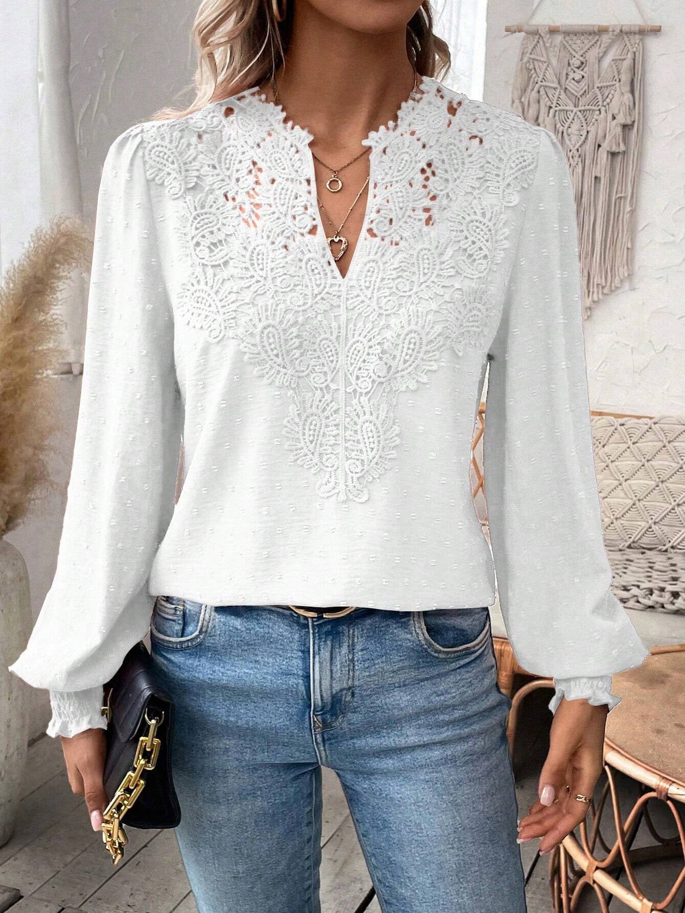 Lace Solid Color Long Sleeve Casual Women&