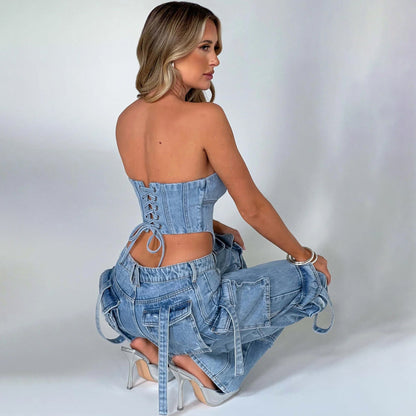 2Pcs Denim Suits Summer Sexy Backless Tube Top And Multi-pocket Straight Trousers Fashion Long Pants Suit Womens Clothing Limorista