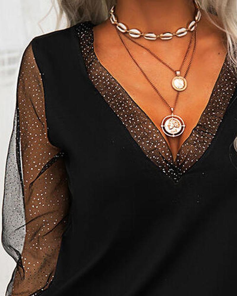 V Neck Fashion Mesh Patchwork Top Limorista