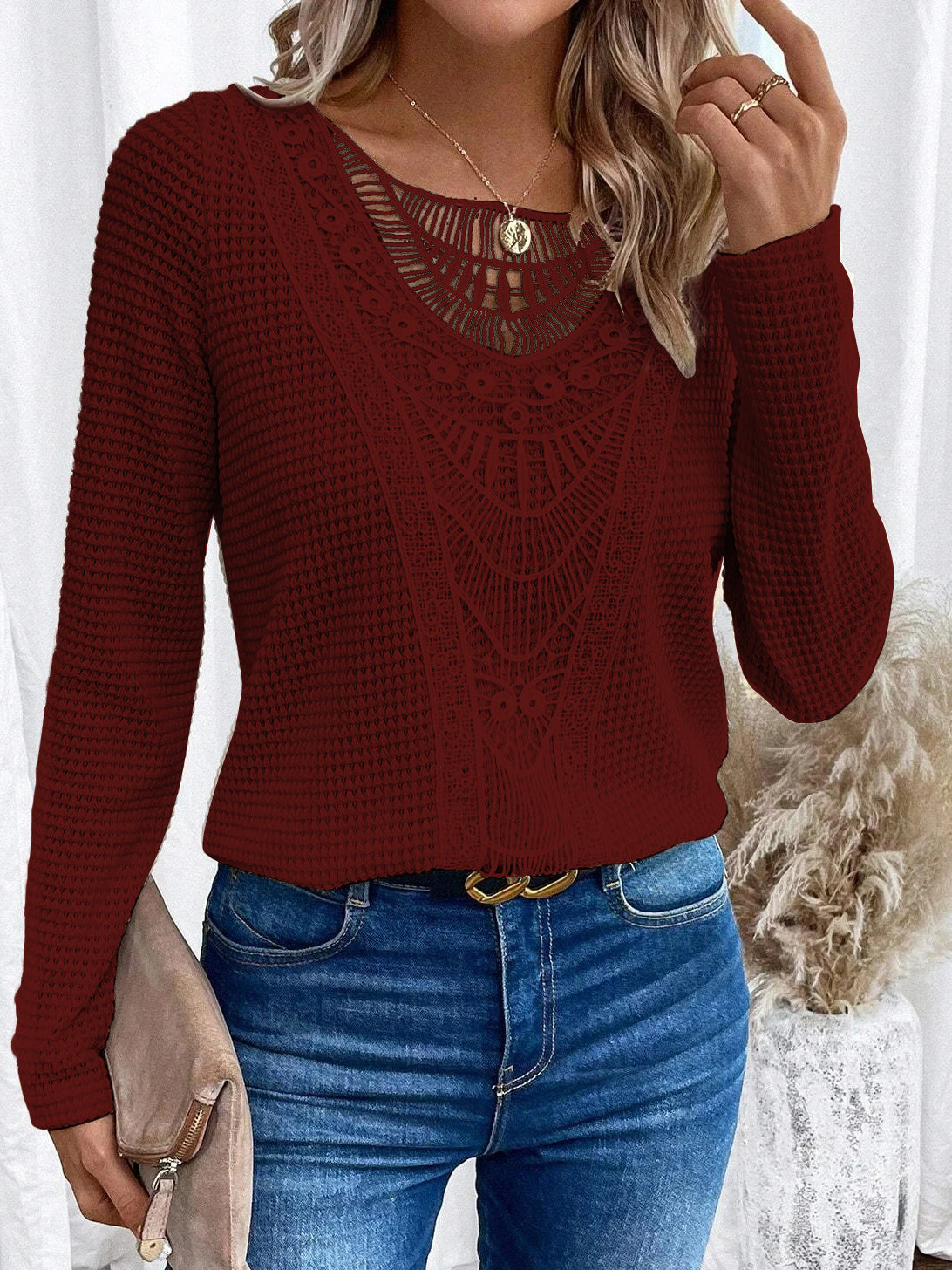 Lace Patchwork Round Neck Women&
