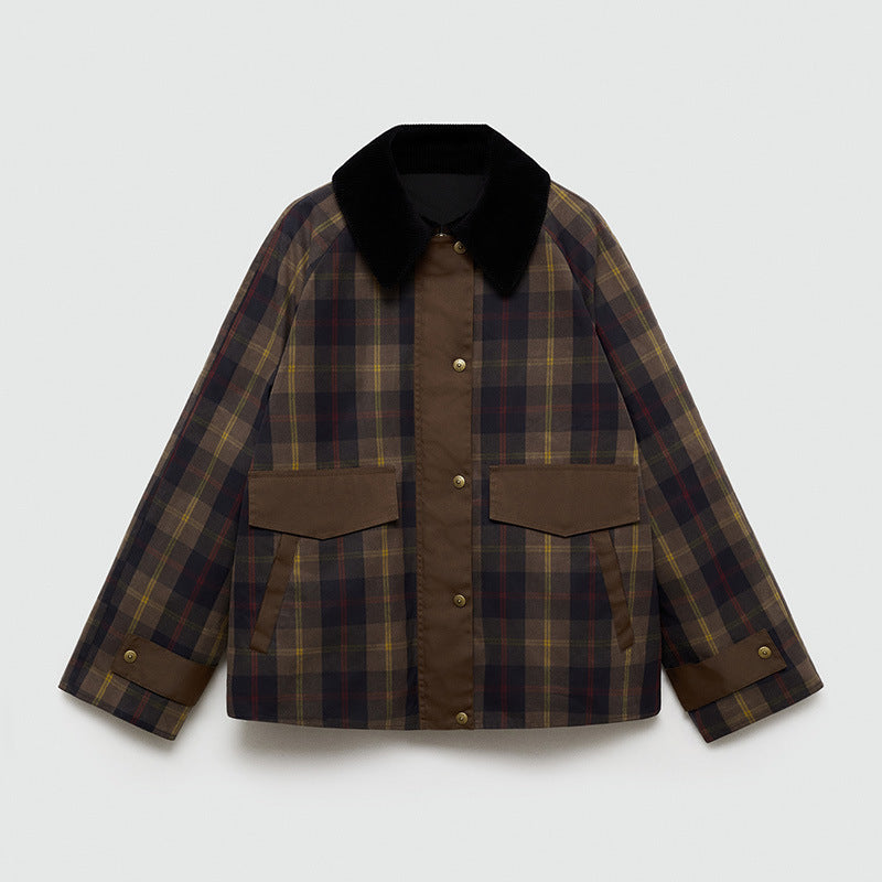 Autumn And Winter Plaid Fur Collar Cotton-padded Coat Limorista