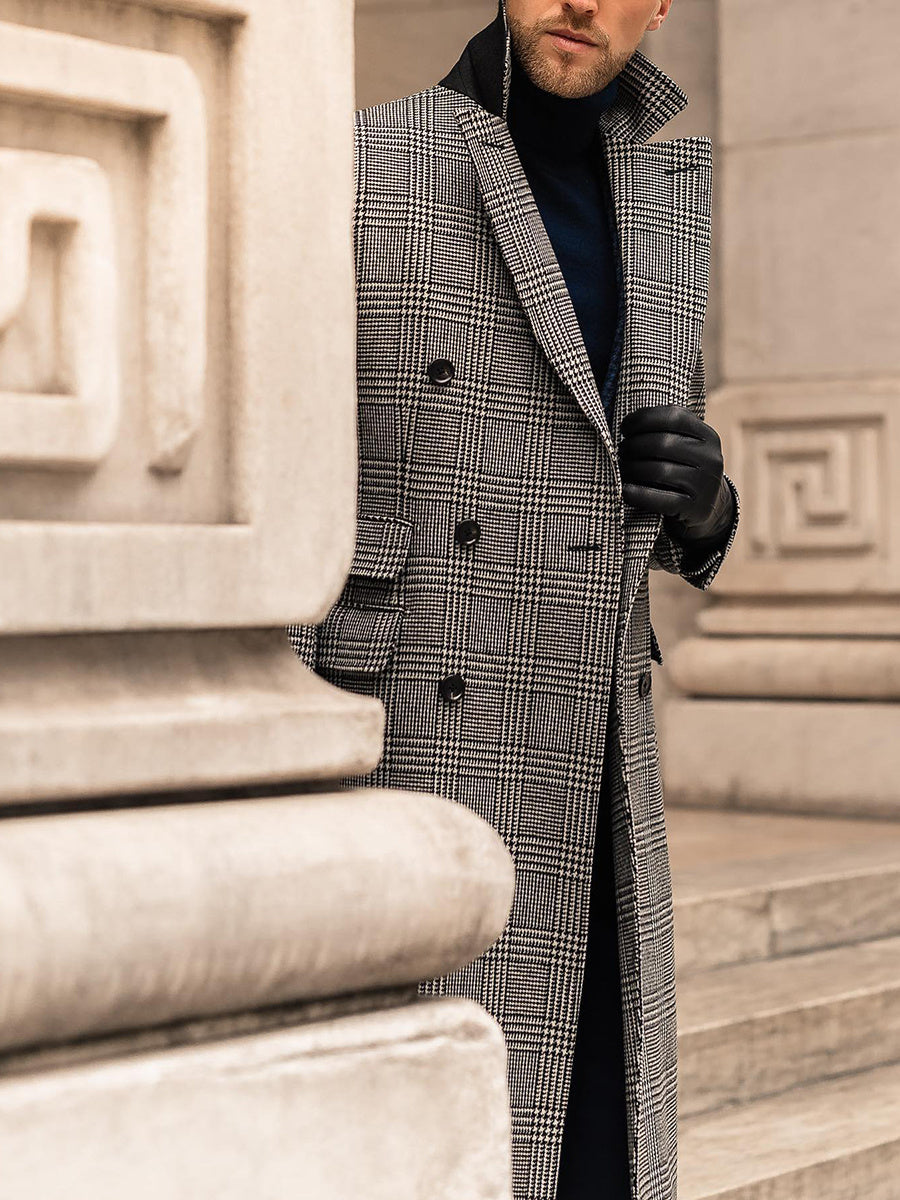 Full Wool Suit Collar Medium Length Double Breasted Checked Overcoat Limorista