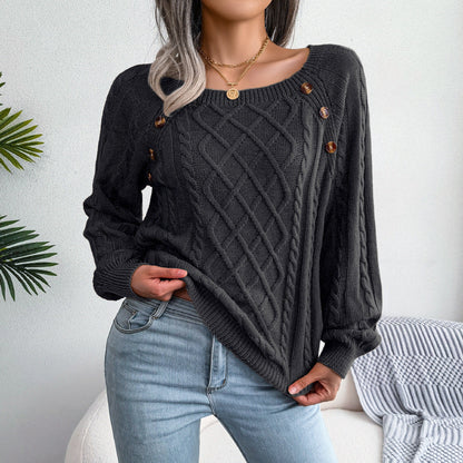 Square Neck Knitted Sweater With Button Design Winter Warm Long Sleeve Tops Women&