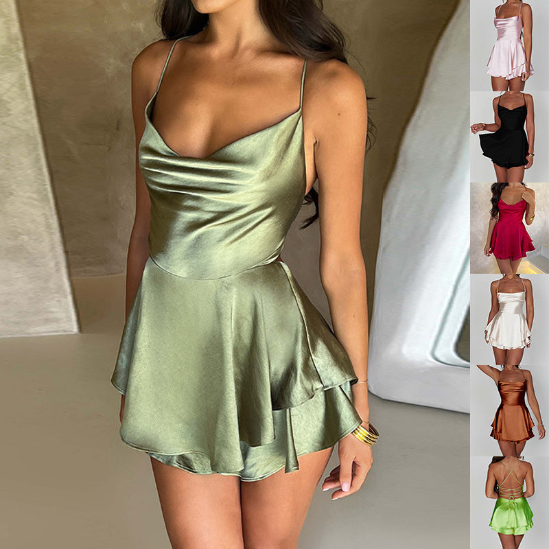 Sexy Suspender Skirt For Women Elegant Slim Strap Satin Backless Lace Up A-Line Short Dress Lady Limorista