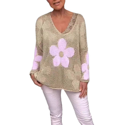 Floral Knitted Hollow Out V-neck Shirt Limorista