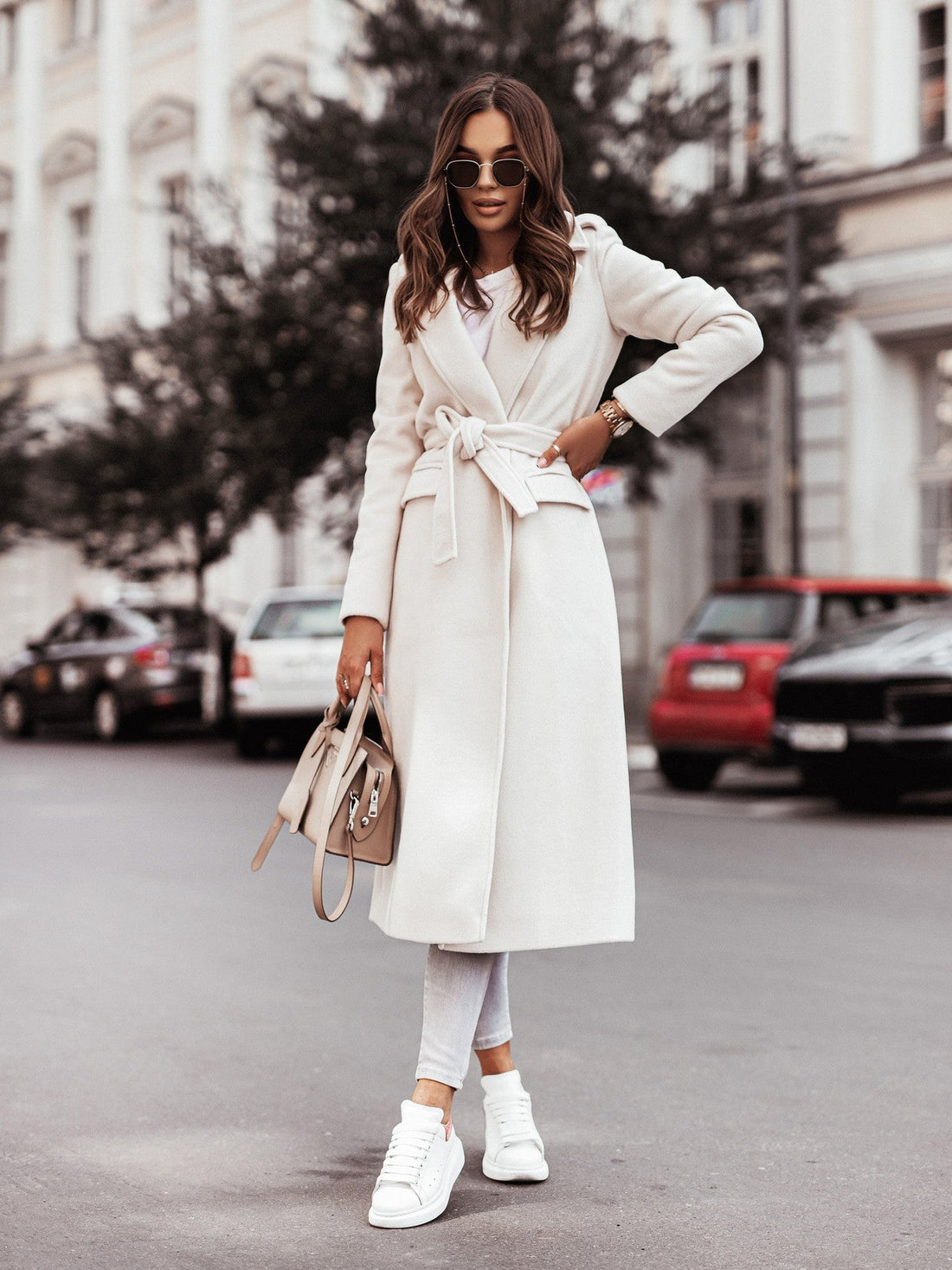 Long Sleeve V-neck Tie Woolen Coat Women&