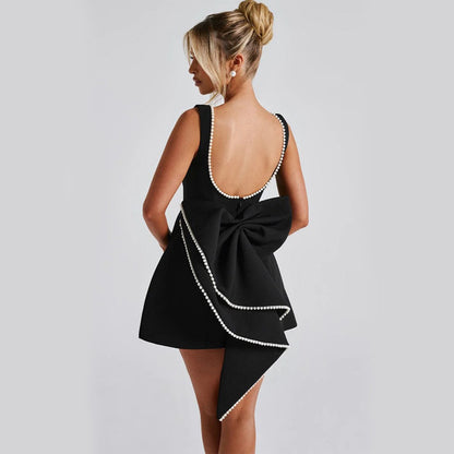 Fashion Big-Bowed Pearls Backless Dress Summer Slim Sleeveless A-line Dresses For Party Evening Women&
