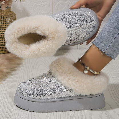 Fashion Sequined Thick-soled Plush Shoes Winter Indoor And Outdoor Casual Warm Slippers Women Garden House Shoes Limorista