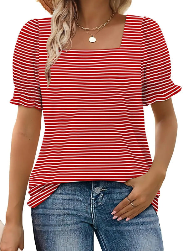 Spring And Summer New Fashion Simple U-neck Petal Sleeve Loose T-shirt Limorista