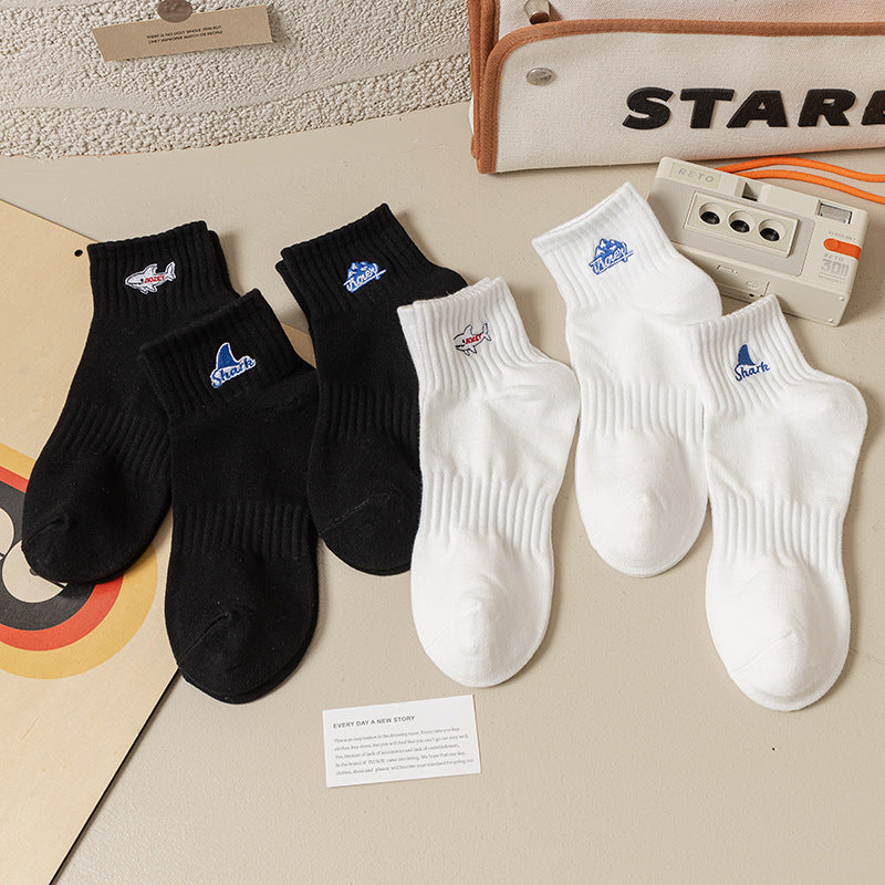 Black And White Embroidered Shark Pure Cotton Sweat Absorbing Athletic Socks Limorista