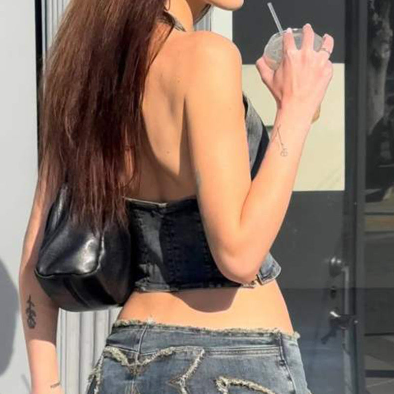 Girl Featured Loose Edge Butterfly Denim Halter Slimming Niche Vest Limorista