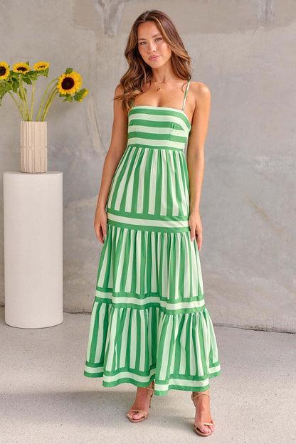 Summer Striped Printed Suspender Long Dress With Pockets Fashion Square Neck Backless Dresses For Beach Vacation Women Clothing Limorista