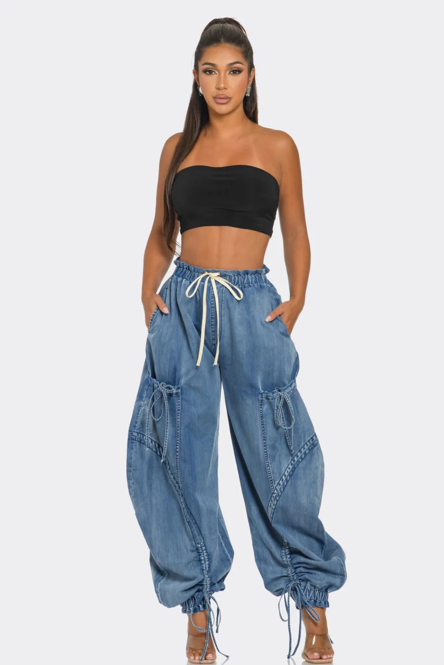 Rope Adjustable Elastic Waist Drawstring Lace-up Ankle-tied Bow Loose Jeans Limorista