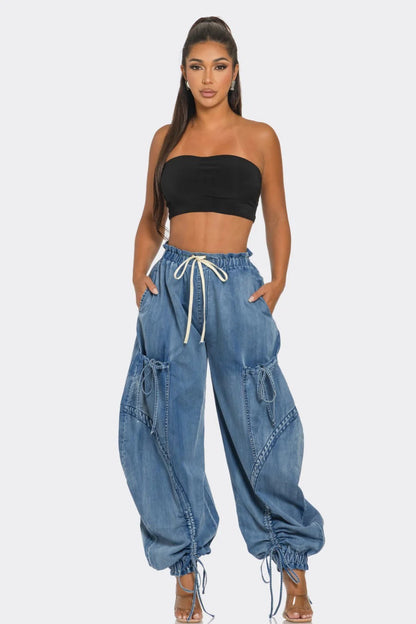 Rope Adjustable Elastic Waist Drawstring Lace-up Ankle-tied Bow Loose Jeans Limorista