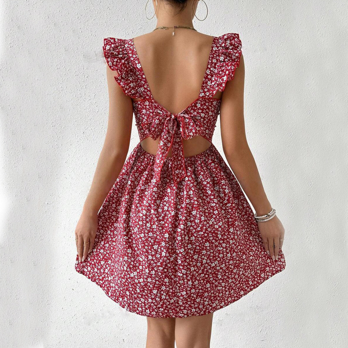 Summer Square-neck Ruffled Sleeveless Dress With Bow-tie Backless Design Fashion Casual Holiday Beach Dresses For Womens Clothing Limorista