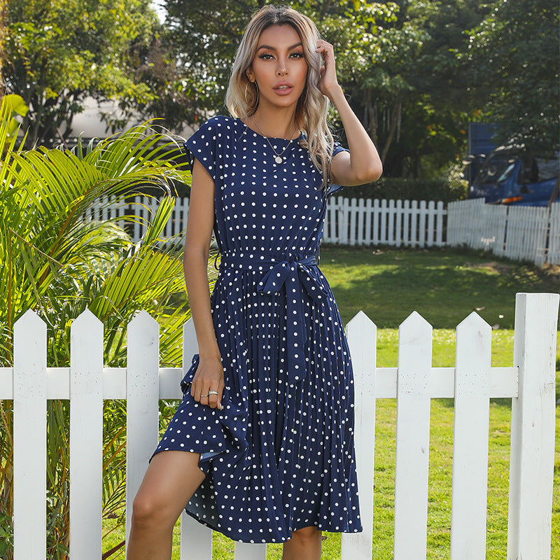 Summer Women Polka Dot Short Sleeve Dress Casual Bandage Party Pleated Midi Dresses Elegant Green Office Lady Clothing Limorista