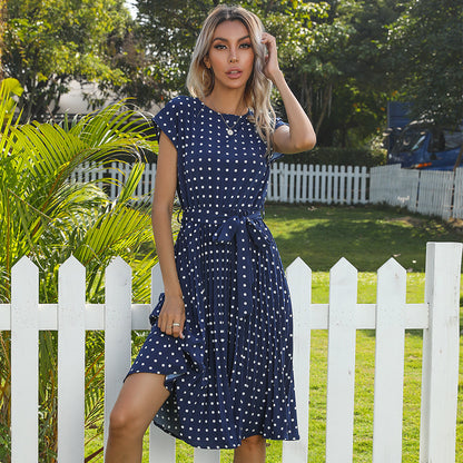 Summer Women Polka Dot Short Sleeve Dress Casual Bandage Party Pleated Midi Dresses Elegant Green Office Lady Clothing Limorista