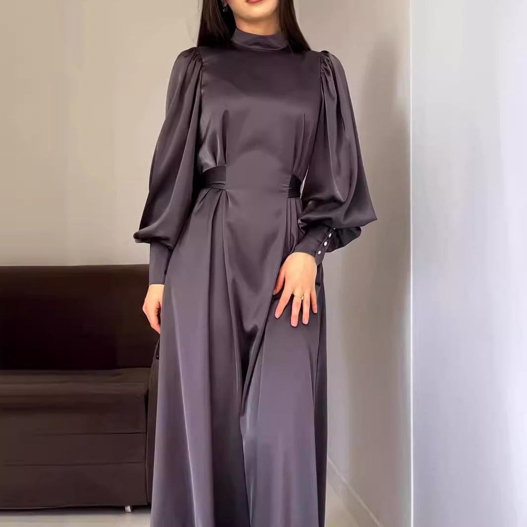Waist Solid Color Long Sleeve Slim Fit Belt Retro Dress Limorista