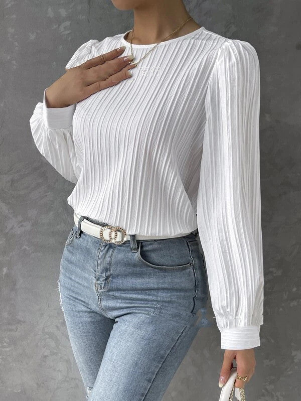 European And American Spring Round Neck Lantern Sleeve Solid Color Unity Long Sleeve Temperament Solid Blouse Limorista