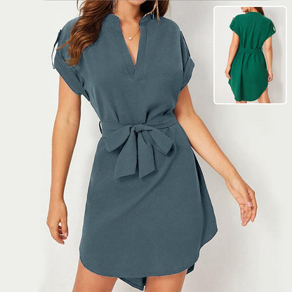 V-neck Short Sleeve Dress With Belt Summer Fashion Bowknot Dresses For Women Clothing Limorista
