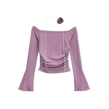 Flower Horn Long Sleeve T-shirt Tight Pleated High Waist Short Limorista