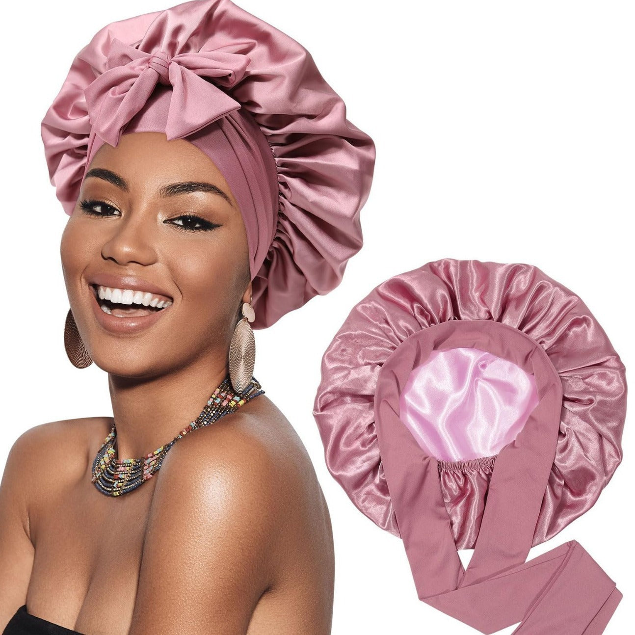 Double-layer Satin Ribbon Round Cap Bow Artificial Silk Beauty Hair Care Wide-brimmed Hat Limorista