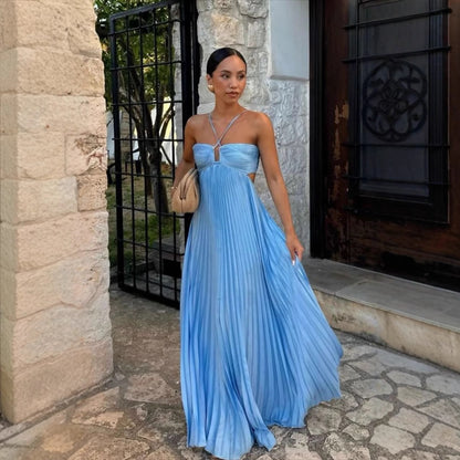 Ins Pleated Sleeveless Sling Dress Hollow High Waist Halter Robe Dresses For Evening Party Club Clothing Women Limorista