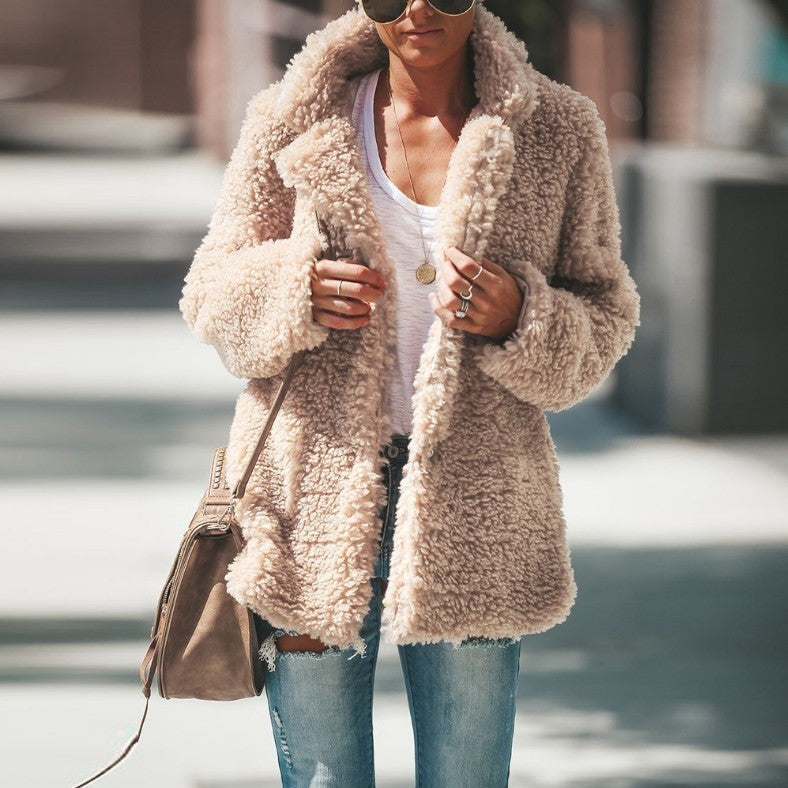 Lapel Long Sleeve Fluffy Furry Faux Fur Jackets Woman Overcoat Limorista