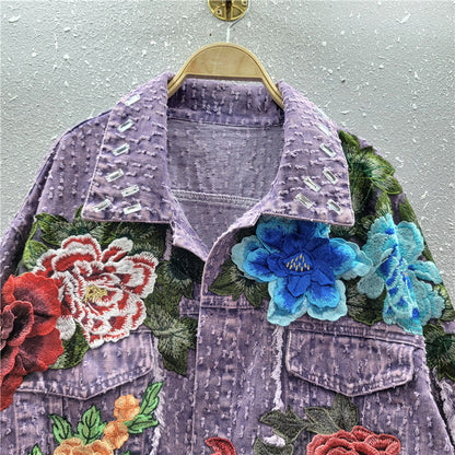 Design Sense Heavy Industry Three-dimensional Flower Short Frayed Hem Casual Denim Coat Limorista
