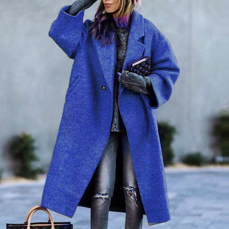 Autumn And Winter Long Woolen Color Temperament Commute No Belt Lapel Loose Woolen Green Coat Limorista