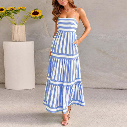 Summer Striped Printed Suspender Long Dress With Pockets Fashion Square Neck Backless Dresses For Beach Vacation Women Clothing Limorista
