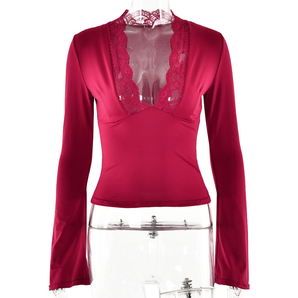 Bottoming Shirt Long Sleeve Slim Fit V-neck Stitching Lace Lace-collared Blouse Limorista
