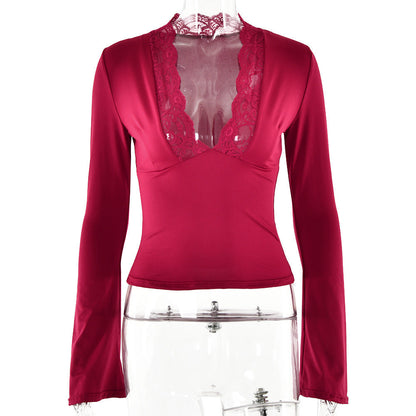 Bottoming Shirt Long Sleeve Slim Fit V-neck Stitching Lace Lace-collared Blouse Limorista