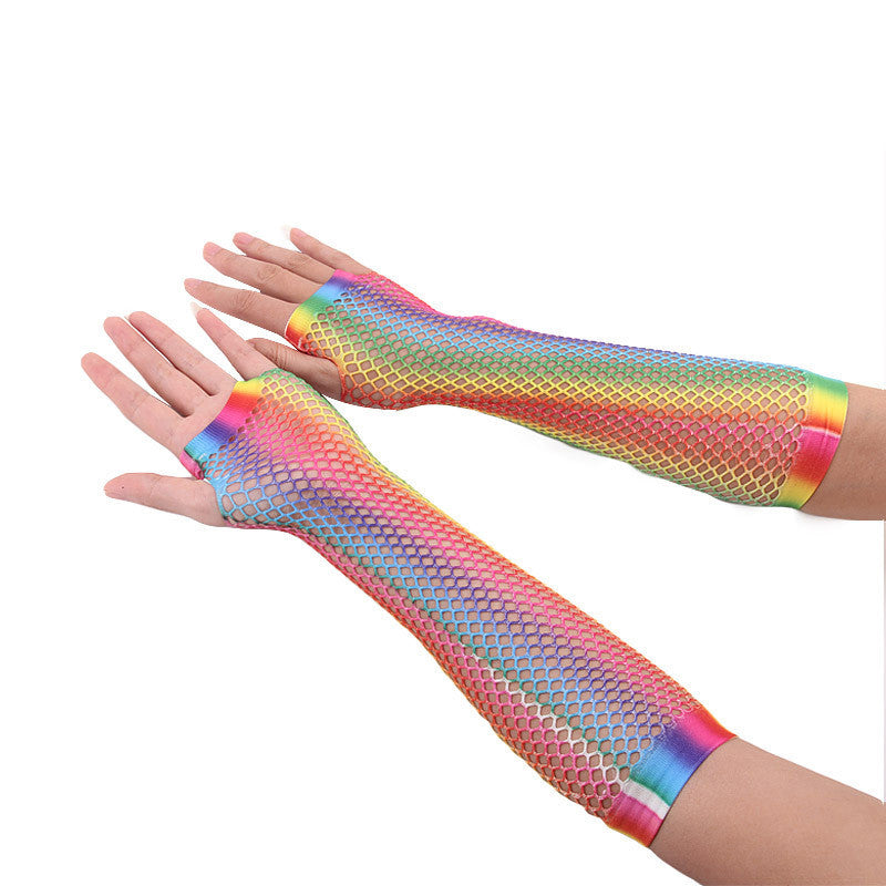 Rainbow Color Sexy Fishnet Half-finger Long Net Gloves Limorista