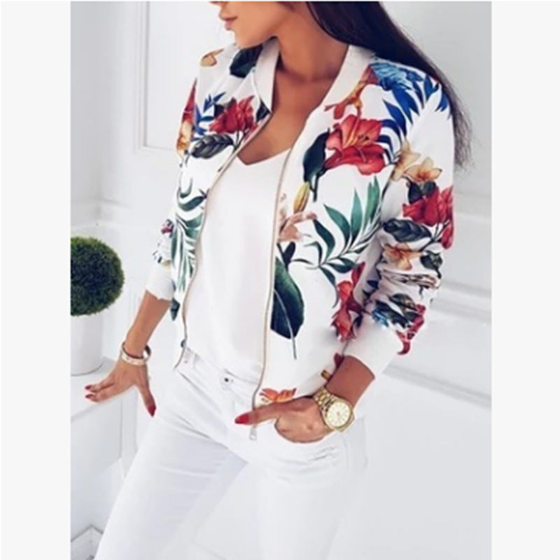 Fashion Printed Round Neck Zipper Long Sleeve Coat Limorista