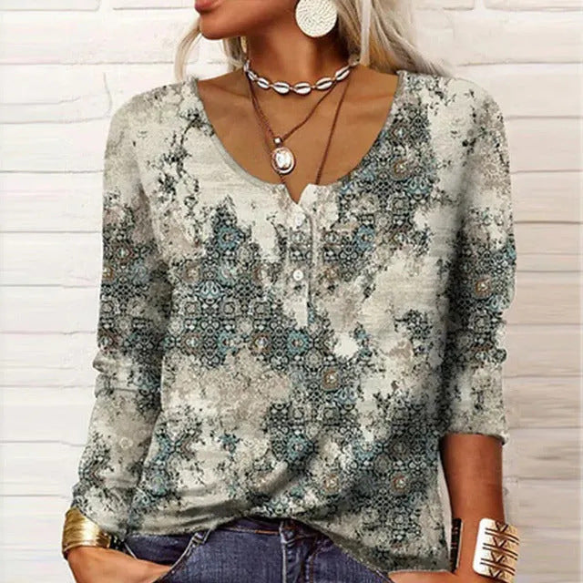 Long Sleeved Geometric Flower Mang U-neck Button Up T-shirt For Women Limorista