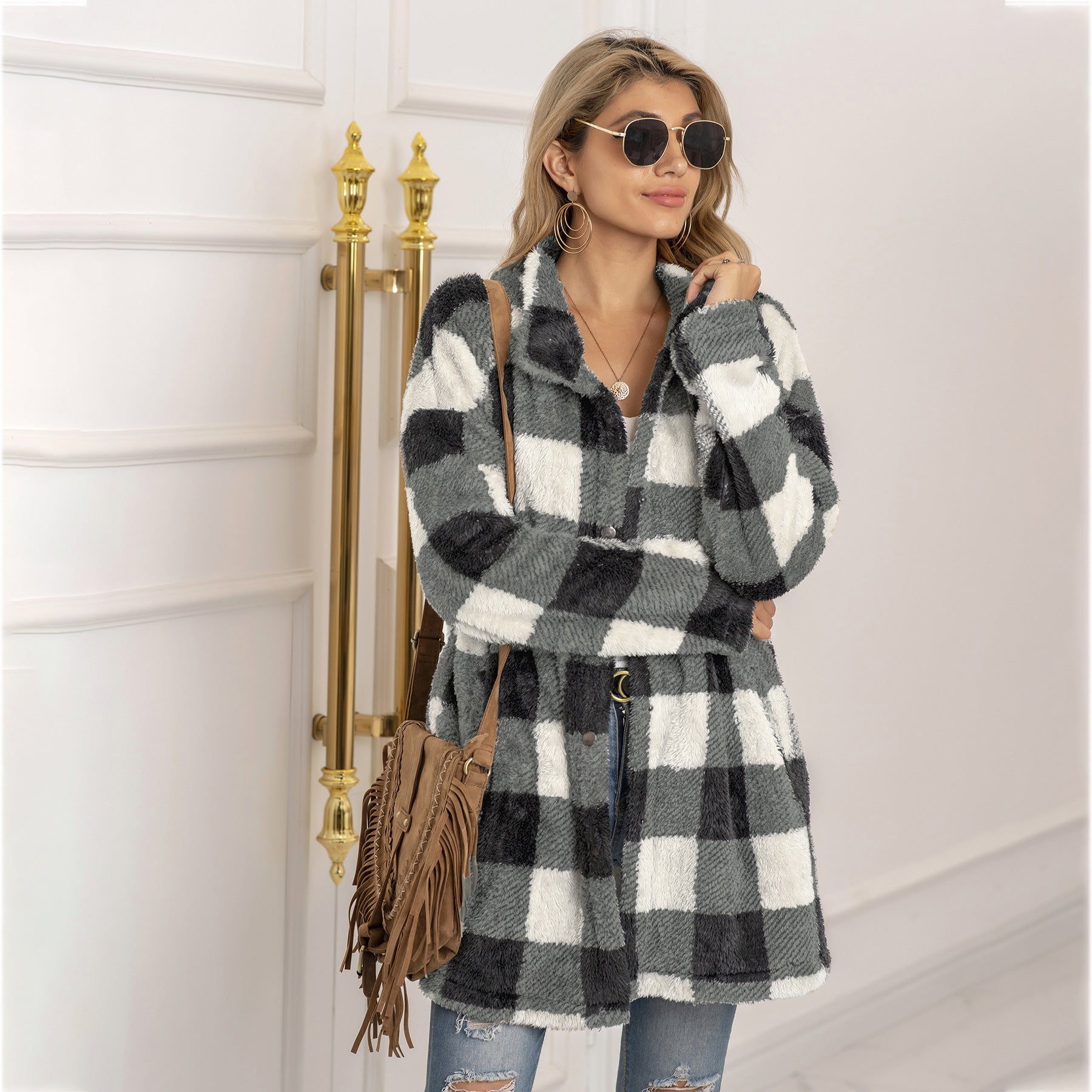 Contrast plaid long coat Limorista