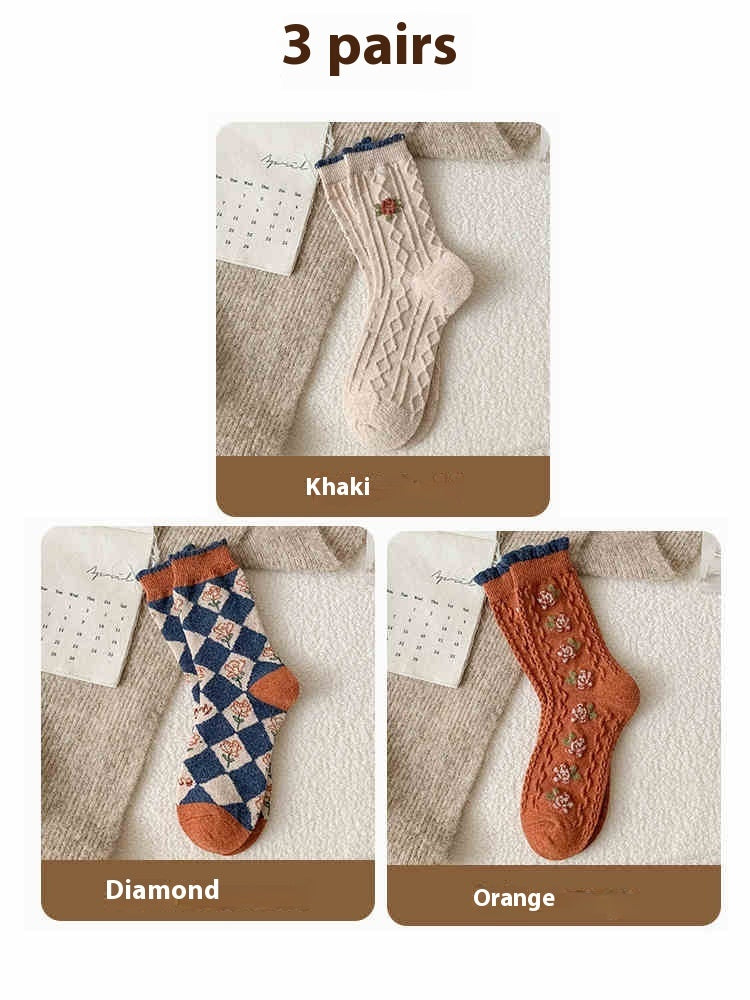 Vintage Small Flower Wool Socks Fleece Lined Padded Warm Keeping Tube Socks Limorista